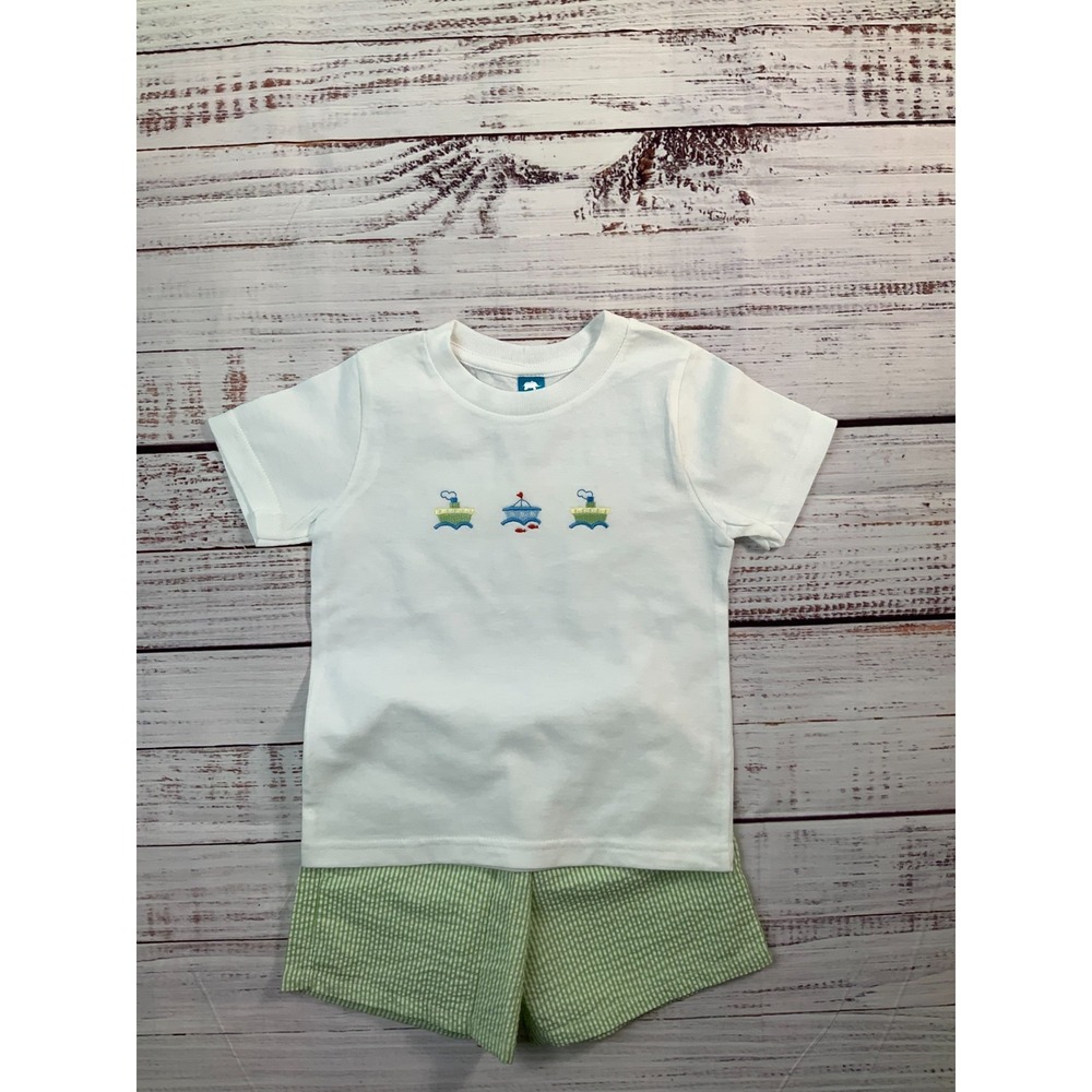 Boy Toddler 2-piece summer outfit set 3 sail boats embroidered T shirt Shorts